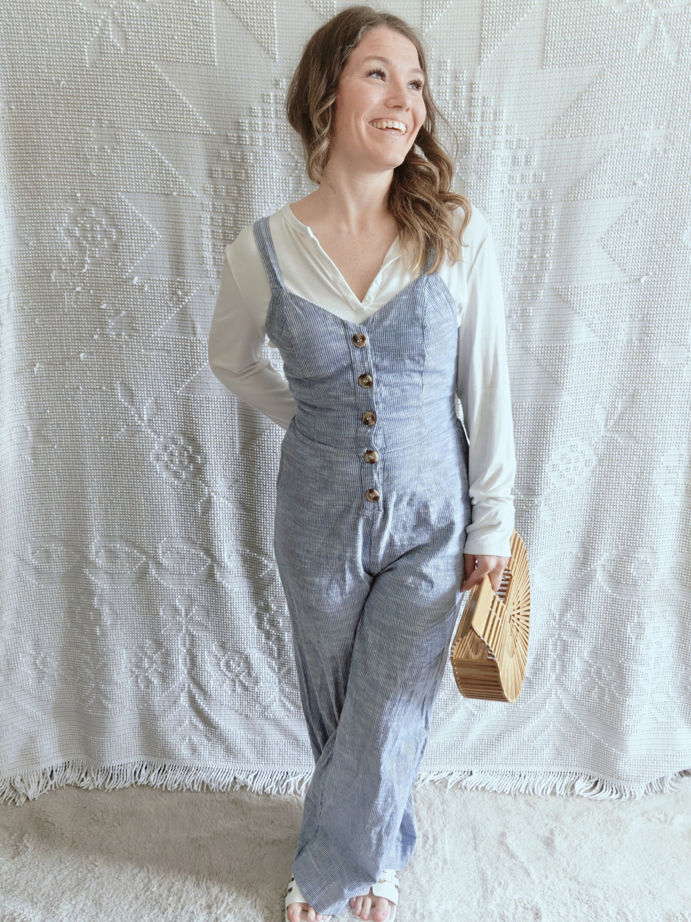 Japna Blue White Stripe 100% Cotton Wide Leg Jumpsuit |Size S | Coastal Nautical
